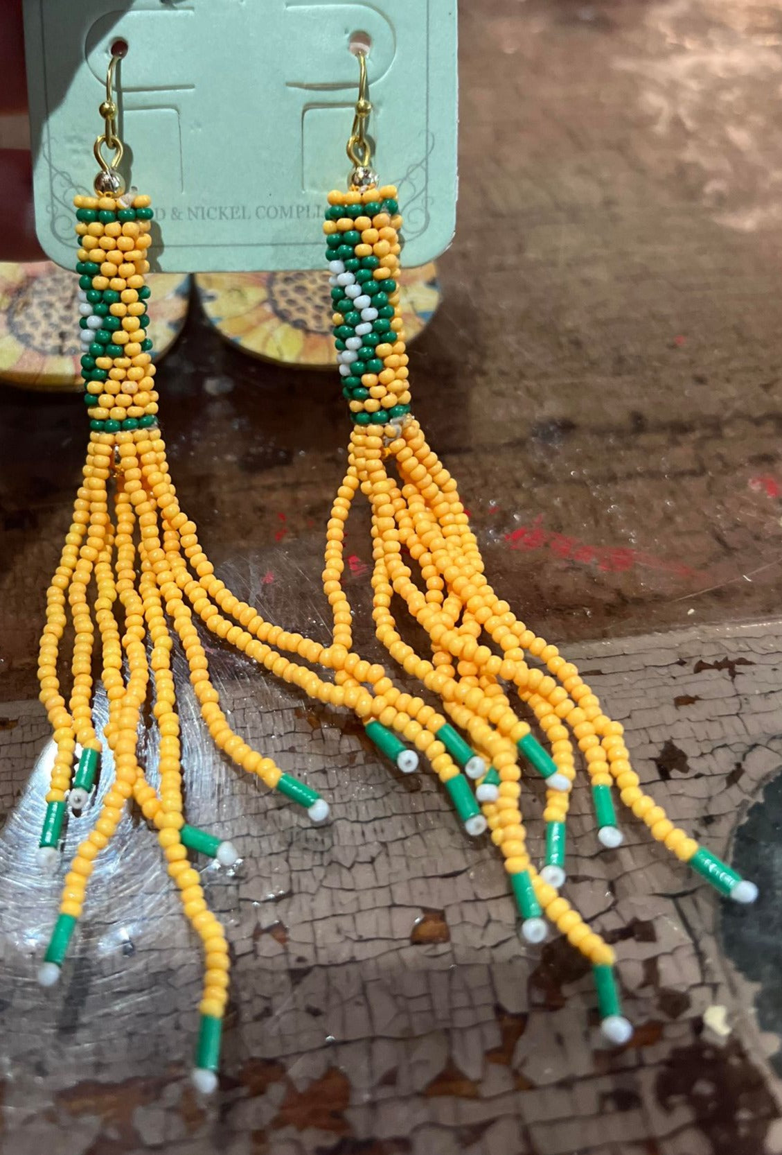 Hand Beaded Gold and Green Earrings